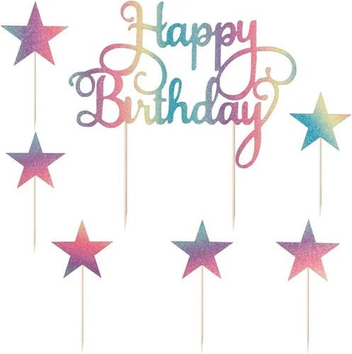 LVEUD Juego de 7 piezas de decoración de pastel de cumpleaños con destello de color, decoración de pastel de feliz cumpleaños y decoración de pastel