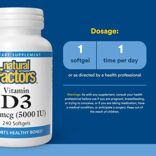 Miniatura 3 de Natural Factors - Vitamina D3 5000 UI, apoya huesos saludables, 120 geles blandos