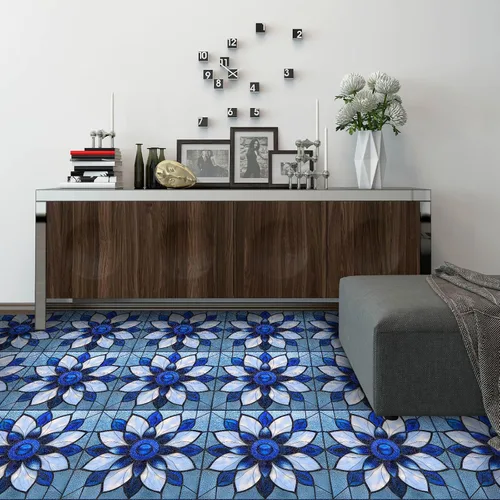 Miniatura 4 de IVN 10 piezas azulejos de suelo de 12x12 pulgadas de vidrio manchado azul con patrón de flores, despegar y pegar, removibles, pegatinas de vinilo