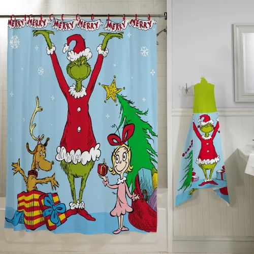 Miniatura 7 de Dr. Seuss The Grinch Holiday - Juego de cortinas de ducha de 13 piezas, cortina de tela de 72 x 72 pulgadas con ganchos, decoración de baño, lavable