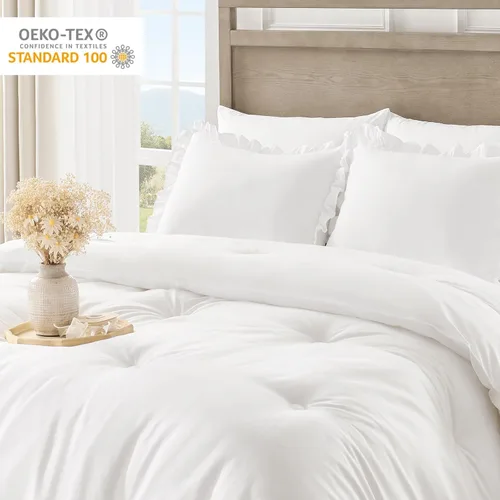 Miniatura 4 de QUIETSEA Juego de Cama Individual en una Bolsa de 5 Piezas, Juego de Edredón Twin con Volantes Estilo Shabby Chic, Juego de Ropa de Cama Blanco