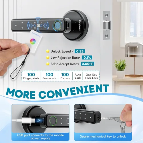 Miniatura 3 de Cerradura de puerta con huellas dactilares, cerraduras de puerta para dormitorios, cerradura biométrica de puerta con huella Negro 03