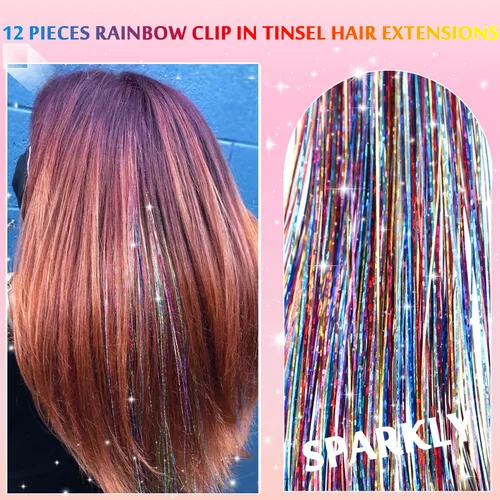 Miniatura 3 de Paquete de 12 extensiones de cabello de oropel con clip, 24 pulgadas, accesorios para el cabello de hada brillante para niñas y mujeres, fiesta
