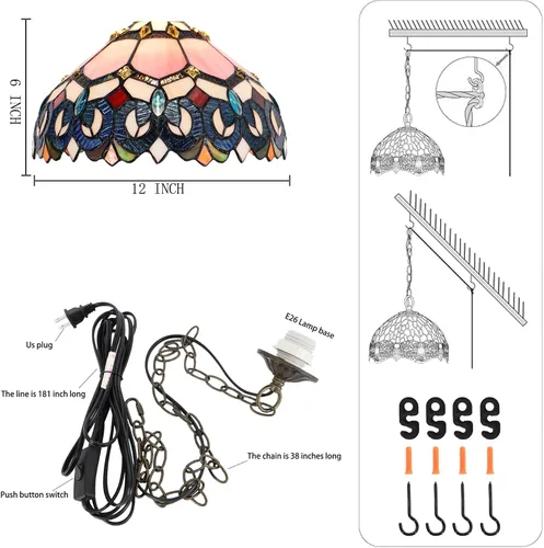 Miniatura 2 de Lámpara Colgante Tiffany con Enchufe, Lámpara Colgante de Cristal Emplomado de 12 Pulgadas, Cadena de 39 Pulgadas, Cable de 15 Pies, Sala de Estar