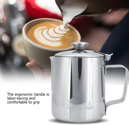 Miniatura 4 de Jarra de espuma de leche con tapa, vaporizador de leche, espumador de café para café, capuchino, latte, arte de acero inoxidable (20.3 fl oz)