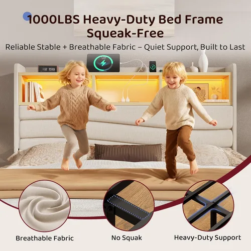 Miniatura 8 de BRELTAM Base de cama tamaño King con 6 cajones de almacenamiento, plataforma tapizada de lino con estación de carga y luces LED, diseño de cabecera
