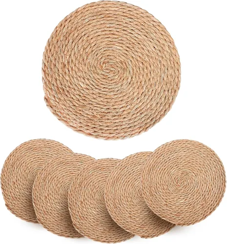 Juego de 6 manteles individuales de ratán de 13.8 pulgadas trenzados/tejidos de mimbre tipo charger, antideslizantes, resistentes al calor, paja