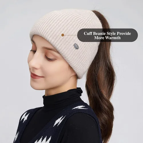 Miniatura 2 de Somaler Gorro para mujer de cola de caballo con agujero de cola de caballo caliente de punto de invierno Beanie Beanie Beanie Bun