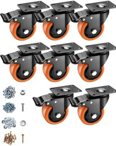 Miniatura 18 de Ruedas ASRINIEY, juego de 4 ruedas de 2.0 in de alta resistencia - ruedas de bloqueo de poliuretano naranja, rueda giratoria de placa con freno