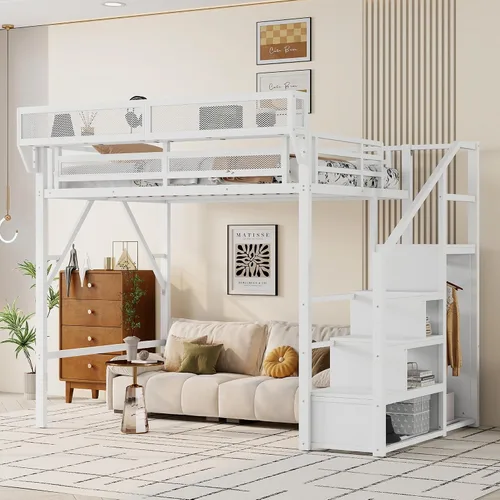 Miniatura 20 de KEIKI Estructura de Cama Loft de Metal Tamaño Twin con Escalera Convertible, Estantes de Almacenamiento Integrados y Armario, Cama Loft con Listones