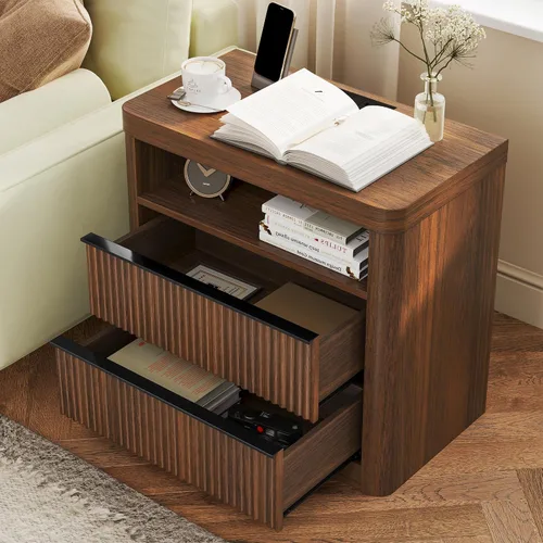Miniatura 2 de Juego de 2 mesitas de noche acanaladas con cajón, mesita de noche grande y moderna con puerto USB y tomacorriente, mesita de noche de mediados