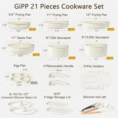 Miniatura 2 de GiPP Juego de ollas y sartenes de cerámica antiadherentes, antiadherentes con mango desmontable, saludable y no tóxico, sin PFAS PFOA y PTFE, apto
