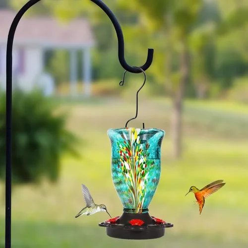 Miniatura 2 de LUJII Comederos para colibríes para exteriores con protector de hormigas, comedero de colibríes de vidrio soplado para colgar en el exterior, 25