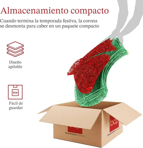 Miniatura 6 de Best Choice Products - Corona de Navidad preiluminada de 36 pulgadas para exteriores, decoración de LED metálica para fiestas en casa con 120 luces