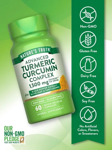 Miniatura 3 de Nature's Truth Curcumina de cúrcuma 60 cápsulas con extracto de pimienta negra, hoja de olivo y cereza agria Suplemento sin OMG y sin gluten