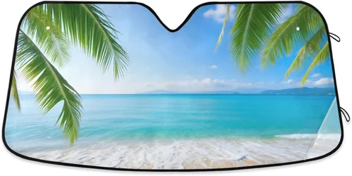 Parasol para parabrisas de automóvil, diseño de palmera tropical, playa, bloquea los rayos UV, protector solar plegable para mantener tu vehículo