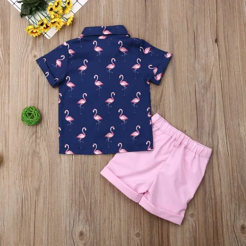 Miniatura 3 de Conjunto de camisa de manga corta con botones y pantalones cortos casuales con diseño de flamingo, para bebés y niños de 1 a 6 años, atuendos