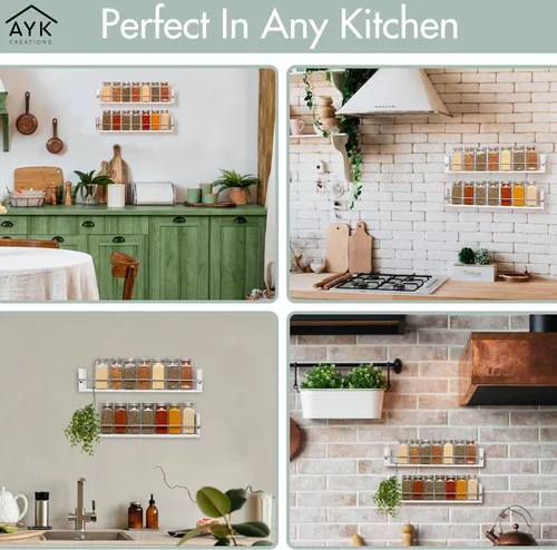 Miniatura 6 de Estante de especias montado en la pared para decoración de cocina, 2 estantes en blanco lavado, estante de pared de madera para especias