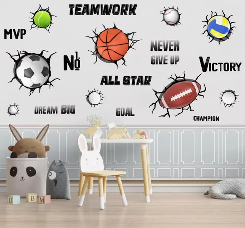 Miniatura 2 de YIMEHDAN Calcomanías de pared de pelotas deportivas 3D, fútbol, voleibol, rugby, baloncesto, tenis, vinilo para pared, diseño deportivo extraíble