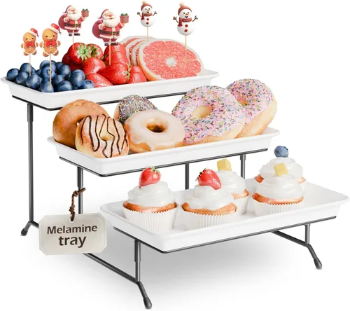 Set de bandejas de servir de 3 niveles de melamina, bandejas de 29 x 14 pulgadas para servir alimentos, bandejas reutilizables blancas con soporte