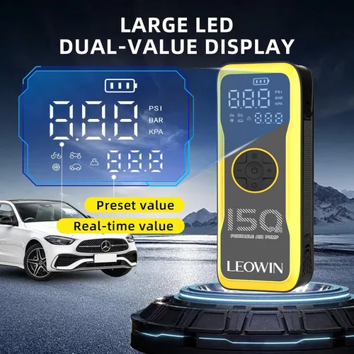 Miniatura 8 de Bomba de aire portátil para neumáticos con medidor digital de presión de neumáticos/luz LED, batería recargable integrada y adaptador de corriente