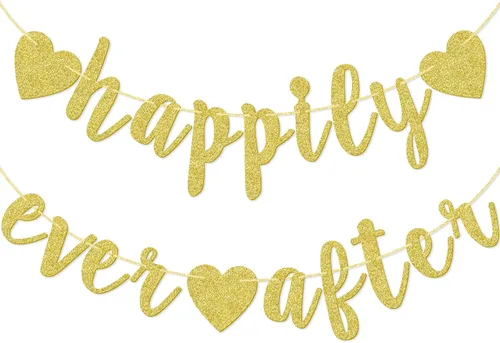 Cartel de Happy Ever After, decoración de compromiso con purpurina dorada para despedida de soltera, fiesta de boda, fotomatón, banderines cursivos