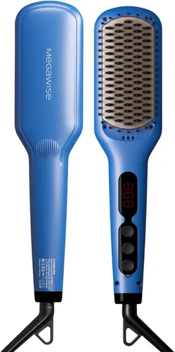 MEGAWISE Cepillo alisador de pelo de cerámica iónica, cepillo caliente iónico de calentamiento rápido de 20 segundos para cabello suave, sin