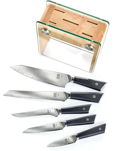 Miniatura 5 de Mercer Culinary Juego de cuchillos de 6 piezas de acero de alta calidad con soporte de bloque de vidrio/madera, asas G10