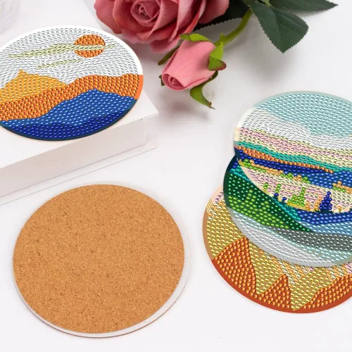 Miniatura 6 de Juego de 8 posavasos de arte de diamante para adultos con soporte de almohadillas de corcho, paisaje abstracto de bricolaje, arte de diamantes
