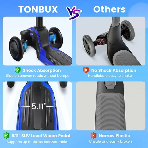 Miniatura 3 de TONBUX Patinete para niños de 3 a 12 años, patinete para niños pequeños con 4 alturas ajustables, patinete de 3 ruedas con luces, diseño de Azul