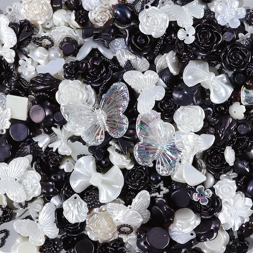 Miniatura 8 de 250 cuentas 3D con parte trasera plana, lazos de flores surtidos en color negro, rosa, blanco, cuentas de mariposa con parte trasera plana, perlas