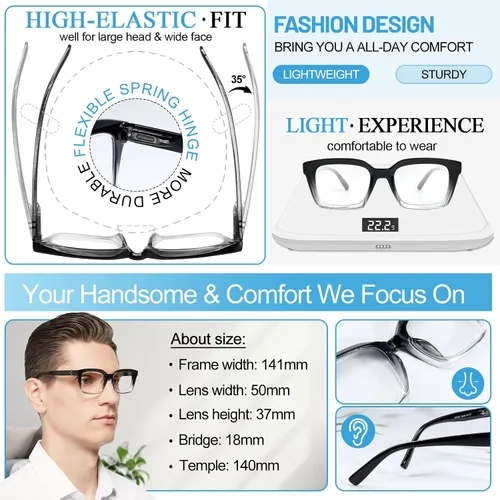 Miniatura 4 de MARE AZZURO Gafas de Lectura Retro Cuadradas +1.75 para Hombre Lentes Grandes 1.0 1.25 1.5 1.75 2.0 2.25 2.5 2.75 3.0 3.5 4.0 5.0 6.0