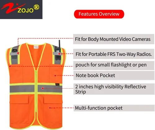 Miniatura 4 de zojo Chalecos de seguridad de alta visibilidad con cremallera y bolsillos, 5 paquetes, chaleco reflectante al por mayor para trabajos al aire libre