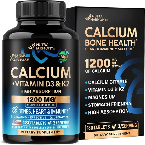 Calcio 1200 mg con vitamina D3 - Suplementos de citrato de calcio para mujeres y hombres - Salud ósea, fuerza y densidad - Alta absorción y