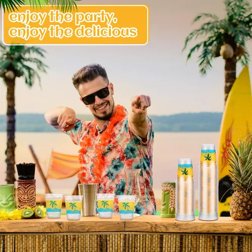 Miniatura 6 de Rtteri 100 tazas Luau de 12 onzas, vasos de plástico hawaiano tropical para fiesta, a granel, vasos desechables de palmera de coco y coco