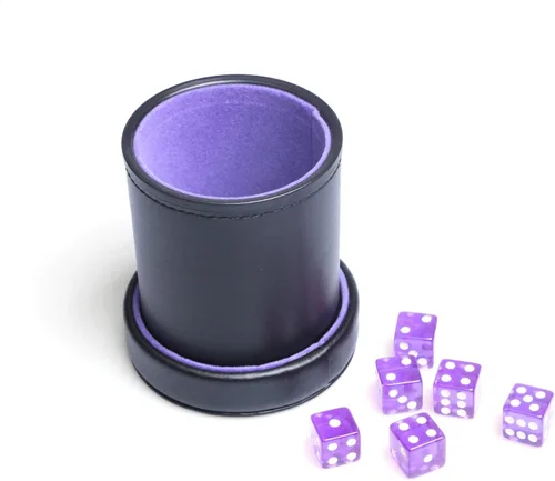 Miniatura 3 de Taza de dados de piel sintética con forro de terciopelo morado con tapa, incluye 6 dados translúcidos morados para mentirosos dados Farkle Yahtzee