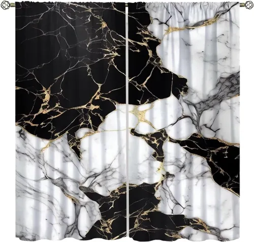 Cortinas de mármol para dormitorio, arte abstracto moderno de lujo, textura de mármol blanco y negro, tratamiento de ventana para sala de estar,