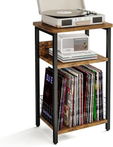 Fixwal Soporte para tocadiscos de 3 niveles, mesa auxiliar dedicada con almacenamiento abierto, para sala de estar y dormitorio, color marrón rústico