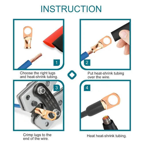 Miniatura 5 de 8 piezas de extremos de cable de batería, conectores de alambre calibre 1/0, lengüetas de alambre de cobre 1/2, ojales de cobre desnudo con tubo