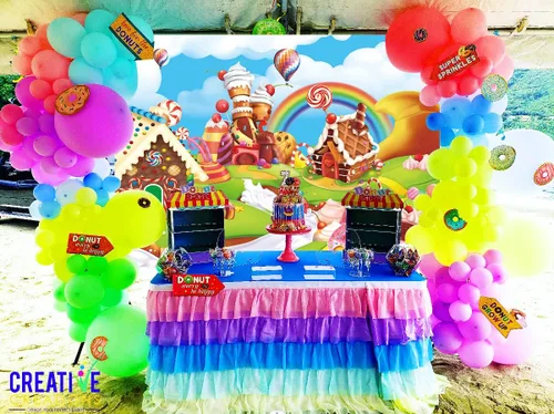 Miniatura 3 de Candyland - Telón de fondo de dibujos animados de 8 x 6 pies, diseño de piruleta de arcoíris, dulce dona, caramelo, fondo de fotografía para primer