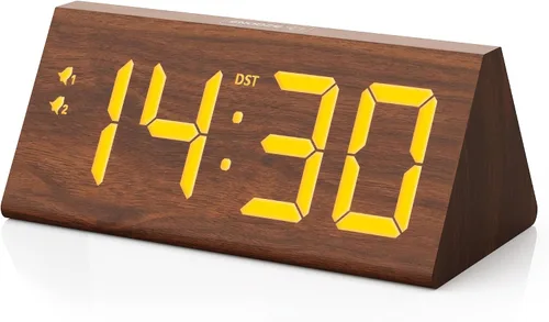 Miniatura 8 de Reloj despertador digital de madera con puertos de carga USB duales, DST, atenuable, función de repetición, reloj LED de tiempo moderno de gran