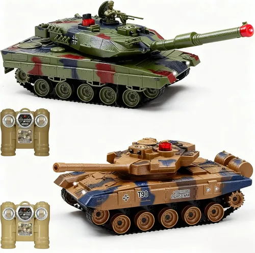 Fistone Juego de tanques de batalla RC 1/24 – Control remoto T90 y tanques de leopardo con sonidos realistas, luces, indicadores de vida y efectos