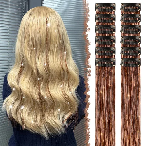 Miniatura 14 de FESHFEN Extensiones de cabello con clip de colores, 16 piezas de 8 colores resaltados, piezas de cabello sintético lacio con clip para mujer, 22