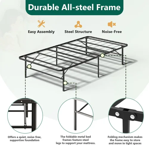 Miniatura 4 de Marco de cama plegable individual, plataforma de metal resistente con almacenamiento de 14 pulgadas, no necesita somier, fácil montaje sin