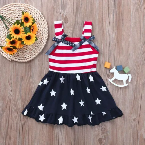 Miniatura 3 de XFGLCK Vestido de 4 de julio para niñas pequeñas, con volantes, estrellas, rayas, lazo, falda, patrón de bandera, trajes de verano