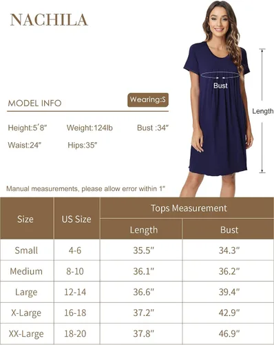 Miniatura 2 de NACHILA Camisones para mujer, viscosa hecha de bambú, camisón de manga corta, plisado, ropa de dormir suave