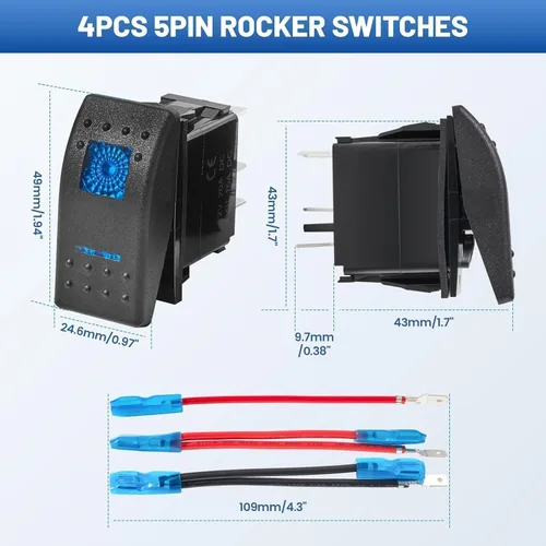 Miniatura 2 de Anina 4 interruptores basculantes de 5 pines SPST 20A/12V 10A/24V encendido/apagado con adhesivo de brillo nocturno y cable de puente, luz LED azul