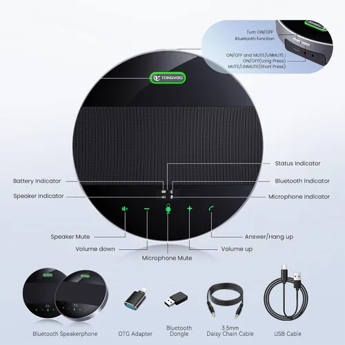Miniatura 5 de TONGVEO Altavoz y micrófono de conferencia 2 en 1, altavoz inalámbrico Bluetooth Daisy Chain con micrófonos omnidireccionales de 360° conexión