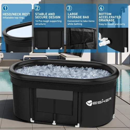 Miniatura 2 de Yesker Bañera de Baño de Hielo Ovalada de 110 Galones con Anillo de Aire, Bañera de Inmersión Fría Portátil Multicapa con Tapa para Atletas