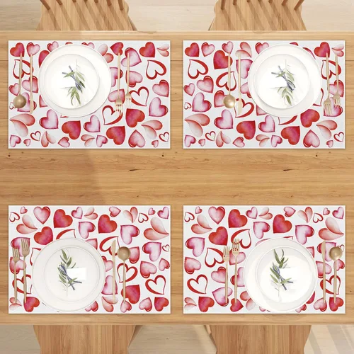 Miniatura 5 de Juego de 4 manteles individuales con diseño de corazón de acuarela para el día de San Valentín, decoración para mesa de casa de campo, Día